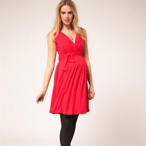 Maternity Women Dress Summer Sleeveless Sexy V-neck Knee Length Dress New Mom Western Style High Elastic Waist Sashes Dresses