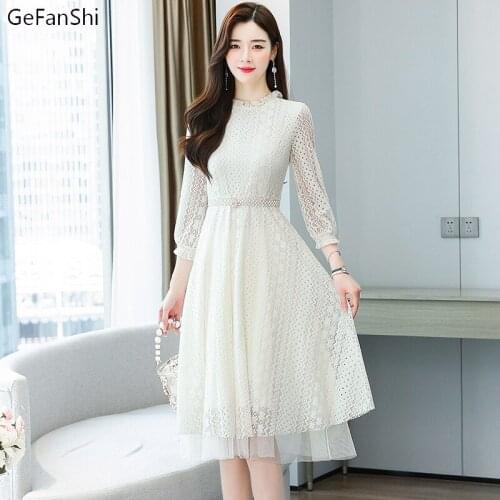 Women Autumn Winter Korean Vintage Solid O-Neck Slim Long Sleeve Dress Fashion Casual Elegant Lady Lace Mesh Sweet Dresses
