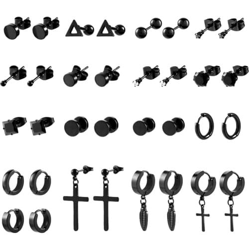 17 Pairs Men Black Earrings Stainless Steel Zircon Circular Ring Triangle Steel Stud Round Hoop Perforated Earrings