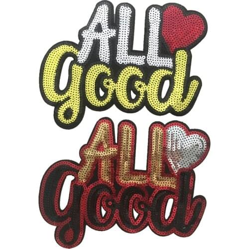 2PCS/lot ALL GOOD Heart Sequined Patches for Clothes Iron on/Sew on Letters Patch Sequins Appliques DIY Decoration Accessories