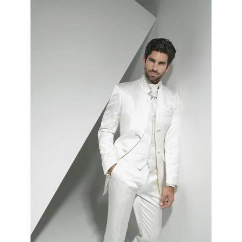 2016 Newest Groom Tuxedo Ivory Groomsmen Mandarin Lapel Wedding/Dinner Suits Best Man Bridegroom (Jacket+Pants+Tie+Vest) B515