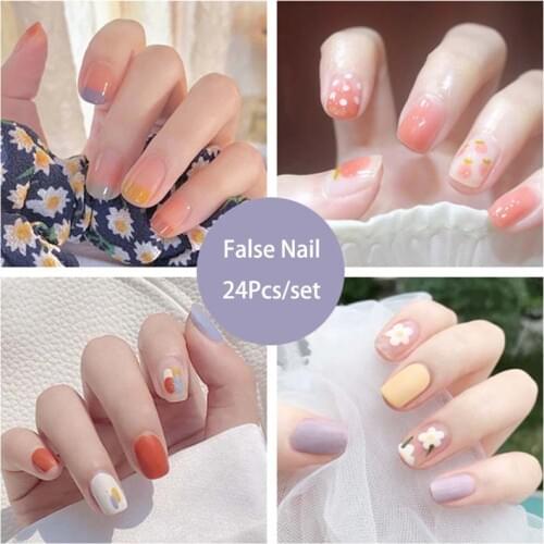 24pcs Hit Color False Nails Cute Summer Style Fake Nail Jelly Finger Nail Press On Nails Manicure Decoration With Glue
