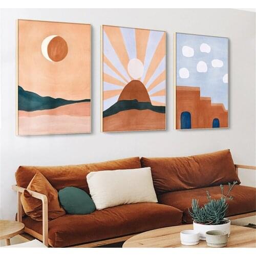 Abstract Boho Sun Cloud Mountain Lake Wall Art Poster Landscape Canvas Painting Vintage Art Print Modern Pictures Home Decor