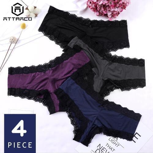 ATTRACO Women Underwear Thong Lace g String sexy Panties Tanga Briefs lingerie Nylon Bow Tie mid waist cozy 4 Pack Hot Sale