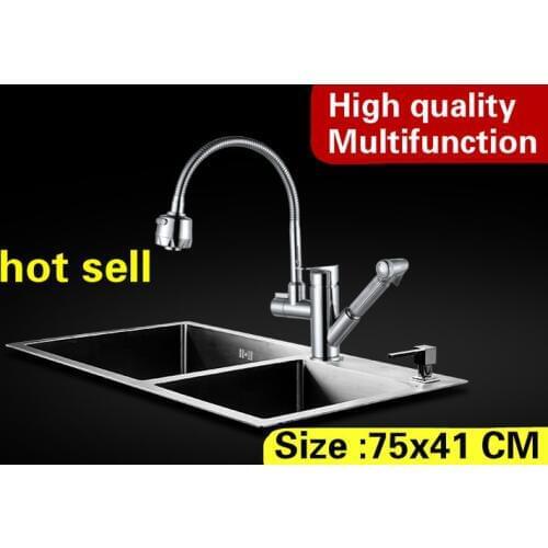 Free shipping Home multifunction kitchen manual sink double groove high capacity wash vegetables 304 stainless steel 75x41 CM