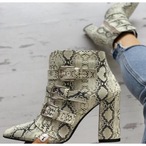 Free Shipping Spring Woman Python Snake Skin Pointed Toe Buckles Rough Heels Short Boots Zipper High Heel Ankle Boots Lady