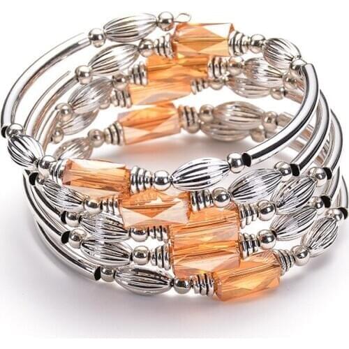 Shiny Bright Multi-faceted Light Orange Rectangle Crystal Multi-layer Fashion Charms Women Dainty Bracelet Bangle Daily Jeweley