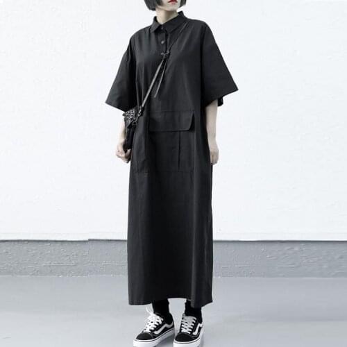 Black Japanese Style Vintage Long Dress Pocket Big Size Shirt Dress Half Sleeve Loose Fit Fashion Tide Spring Summer 2021 FF3299