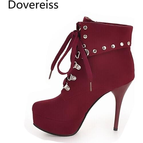 Dovereiss Fashion zapatillas mujer red Winter Pointed Toe Cross tied consice sexy Short boots Stilettos heels Zipper big size 48