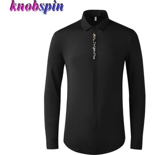 Elegant Mens Shirt Turn-over Collar Long Sleeve Sleeve Slim Casual Business Male Dress Shirts Colorful Beading Camisas masculina