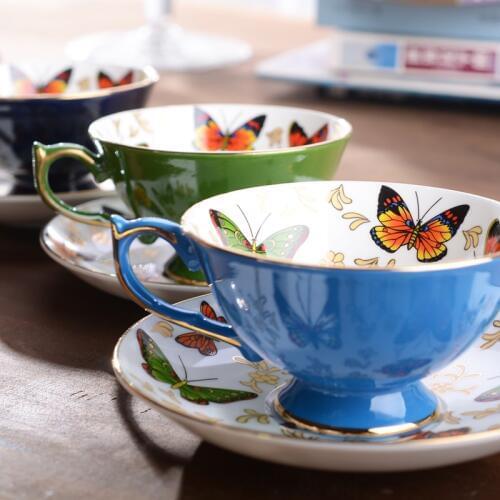 European Classical Butterfly Bone China Coffee Cup British Black Teacup Set 24K Gold Cup Saucer Free Shipping
