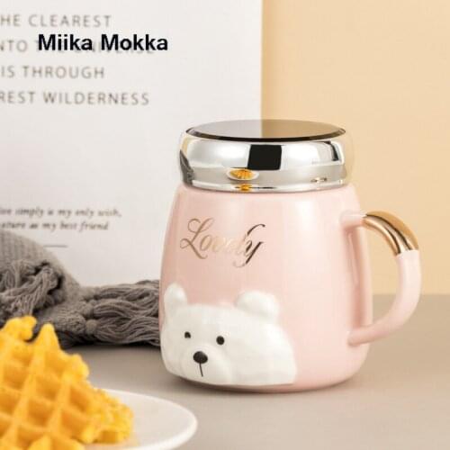 Cartoon 3D Bear Coffee Mug with Mirror Lid Creative Cute Animal Relief Ceramic Cup Coffee Cup Milk Cup Water Cup Home Office Cup