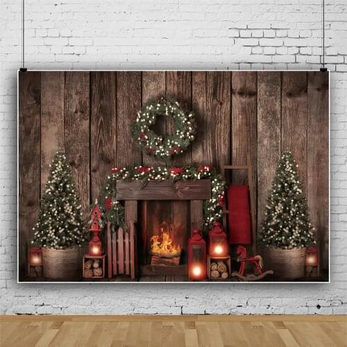 Laeacco Old Wooden Fireplace Christmas Tree Photo Background Wreath Burning Flame Vintage Lantern Banner Photographic Backdrops