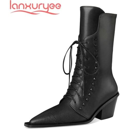 Lanxuryee big size cow leather pointed toe high heel winter shoes rivet gentlewomen daily wear simple design mid-calf boots L55