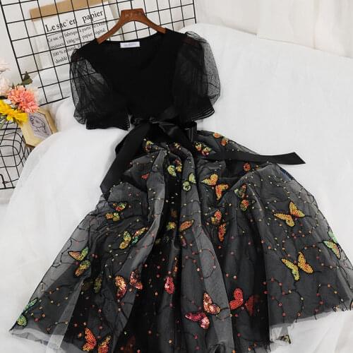 Summer Women Puff Sleeve Embroidery Flower Mesh Gauze Ruffles Chic Dress Sashes Belt Lady Elastic Slim Waist Knitted Midi Dress