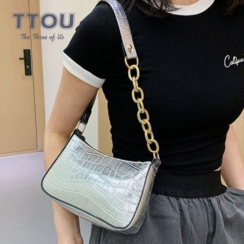 Fashion Crocodile Pattern Patent PU Leather Underarm Shoulder Bag Women Brand Vintage Handbag Solid Color Female Chain Purse