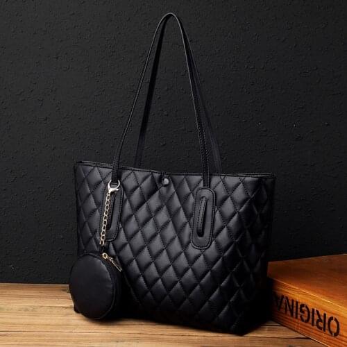 Shoulder Bag Fashion Versatile Pu Leather Lingge Large Capacity Women Tote Bag Ladies Black Big Bag