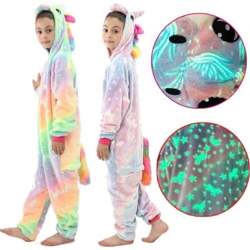 Fashion Girls Unicorn Glow in the Dark Kigurumi Pajamas Children Sleepwear Kids Overalls Onesies Animals Pijamas Jumpsuits