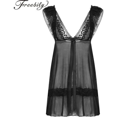 Mens Deep V Neck Ruffle Lace Straps Babydoll Sexy Crossdressing Sissy Lingerie Underwear See-through Sheer Mesh Gay Nightwear