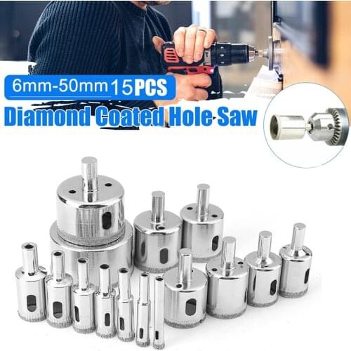 Round Shank 15 Sets of Diamond-coated Hole Saw Drill Bit Set Tool 6-50 Mm Ceramic Tile Ceramic Marble Glass Fillet Drill Bit