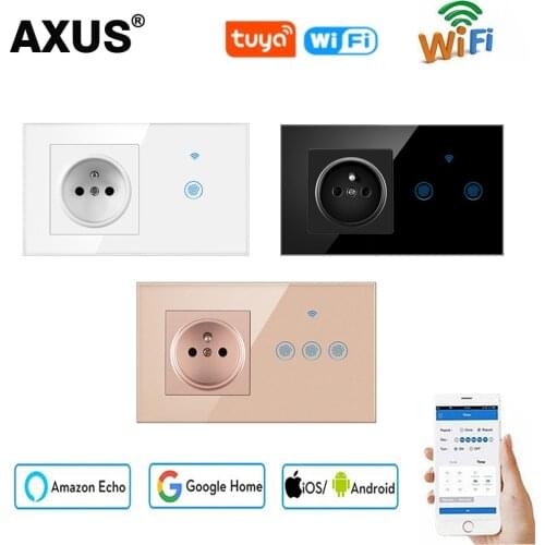 EU TUYA Smart Home Wall Power Touch Switch With Socket Combination Crystal Glass Panel 16A French Socket 146*86mm Plug Grounding
