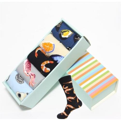 Recommend !! men hip hop happy socks gift box 5 pairs/lot shrimp squid salmon cotton socks mans and male streetwear socks
