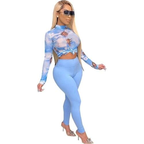 2021 New Womens 2 Piece Autumn Knitted Print Tight Leg Pantsuit Pants Sets 8310B