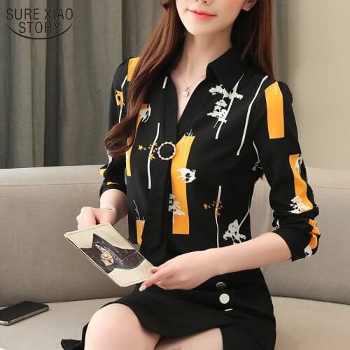 2021 Early Autumn New All-match Fashion Womens Long Sleeve Chiffon Blosue Printed Bottoming Shirt Korean Office Lady 10672