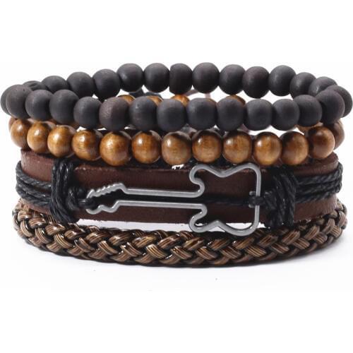 New Arrival Wood Beads Handmade Maple Leaf Feather Guitar Believe Faith Words Charm Men Leather Bracelets Women Homme Jewelry