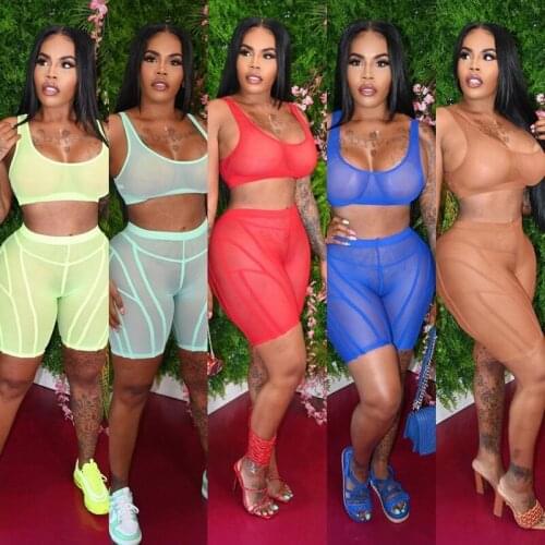 Sexy Sheer Mesh 2pcs Set Summer Short Sleeve Crop Top And Skinny Shorts Soild Stretchy Tracksuits Casaul Streetwear Outfits