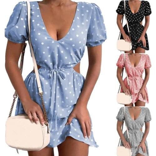 Womens Dress Polka Dot Print Soft Mini Dress 2021 Summer Hollow Waist Ruffles Sundress Sexy Dresses Ladies Streetwear Vestidos
