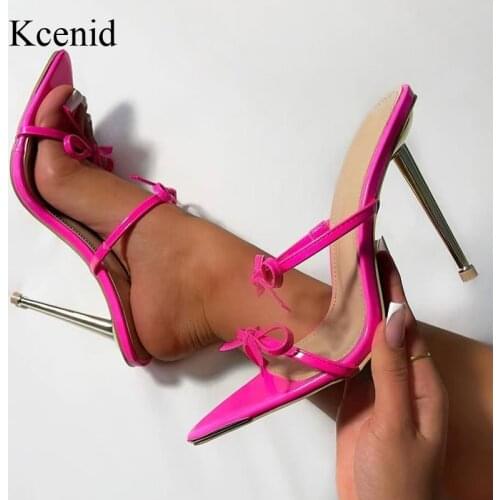 Kcenid Fashion PU Bowknot Pointed Toe Womens Slippers Metal High Heels Slip On Slides Ladies Shoes Sexy Women Sandals Size 42