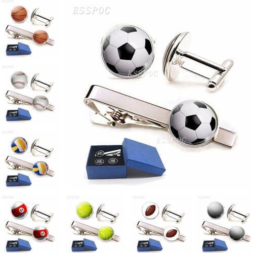 High Quality Sports Series Soccer Mens Cufflinks &Tie Clips Glass Alloy French Romance Suit Shirt Wedding Accessories