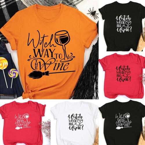 Witch Way To The Wine Women Short Sleeve T-shirt Funny Halloween Female Graphic Goth Aesthetic Tees Streetwear Camisetas Mujer