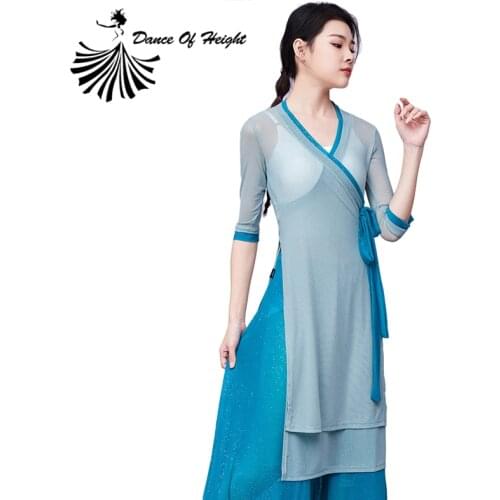 New Silver Water Yarn Classical Dance Shirt Women Chinese Folk Dance Wear Modern Dance Costume V Neck Half Sleeve Side Split