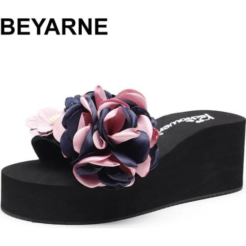 BEYARNEWomens Large Size High-heeled Word Drag Female Slip Fashion Beach Sandals Sandals and Slippers DIY Flowers SandalsSimple