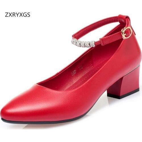 Promotion 2020 New Top Cowhide Pointed Red Wedding Shoes Woman Shoes Large Size Banquet Work Fashion Leather Shoes High Heels