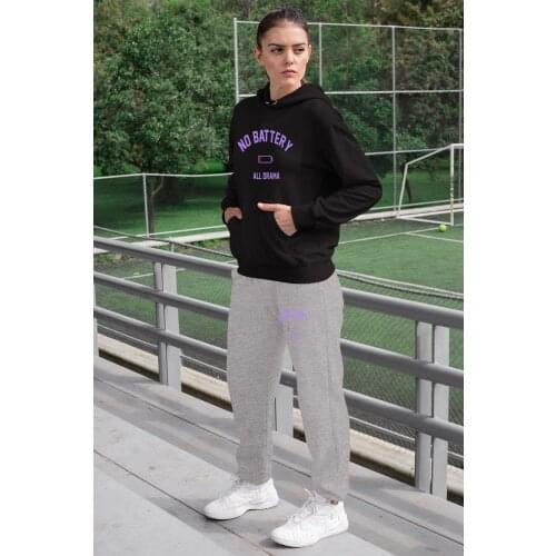 Angemiel Wear No Battery All Drama Women Tracksuit Set Black Hooded Sweatshirt Gray Sweatpants