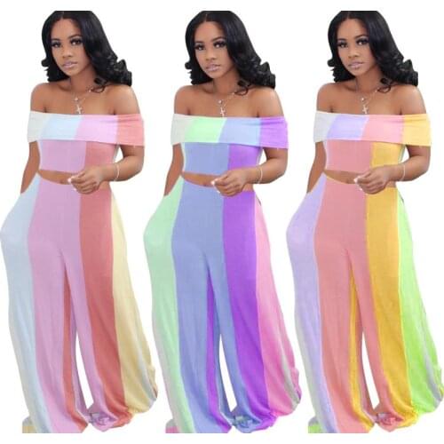2021 Summer Slash Neck 2PCS Women Off Shoulder Strap Rainbow Stripe Vest Top Loose Pants Wide Leg Chic Lady High Street Outfits