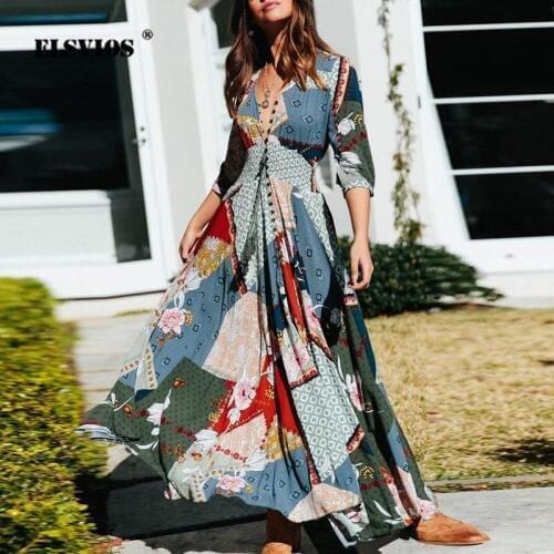 ELSVIOS Women Sexy V neck button split ruched dress Elegant half sleeve Empire Boho floral print long dress Summer maxi dresses