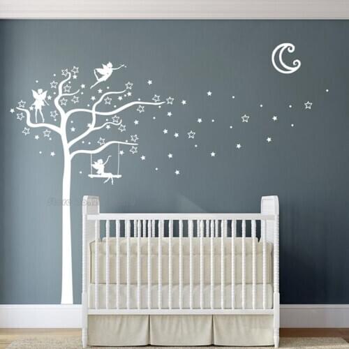Stars & Moon Tree Little Fairy Wall Decals High Quality Tree Vinyl Wall Stickers Living Room TV Background Art Wall Decor LL2054