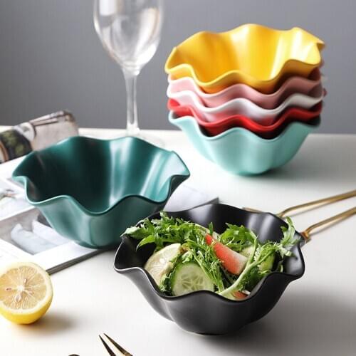 450ML Nordic Solid Floral Shape Ceramic Bowl Irregular Matte Porcelain Fruit Dessert Salad Bowl Party Household Baking Tableware