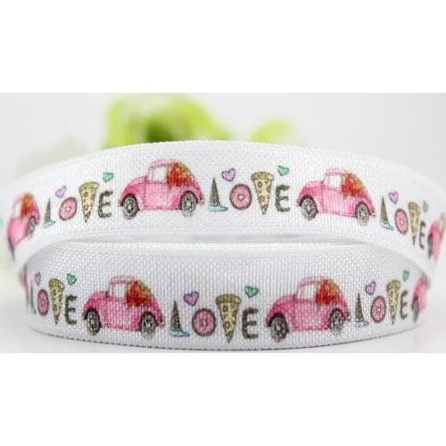 5/8" white cartoon love car printed fold over elastic foe Valentines ribbon DIY hair band sewing accessories ribbons 10 yards
