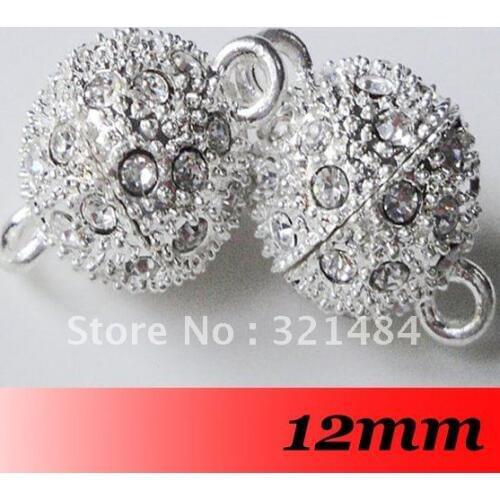 Free Ship! 12mm 100piece Silver Plated Tone Metal Round Rhinestone Magnetic Clasp Fashion Jewelry DIY Findings