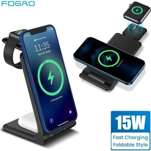 FDGAO 15W Qi Wireless Charger Stand 3 in 1 Fast Charging Station For iPhone 12 11 XS XR X 8 Apple iWatch SE 6 5 4 3 AirPods Pro