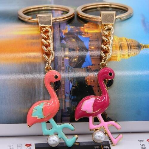 Fashion Bird Shape Cute Rose Red Pink Colored Flamingo Keychain Ms. Bag Pendant Pearl Stereo Animal Keychain Jewelry 107*22*6mm