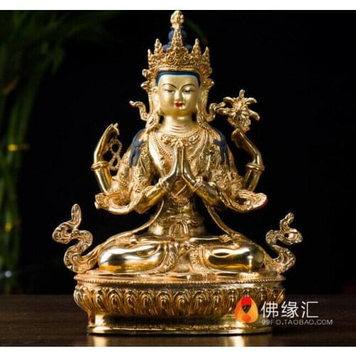 Handpainted Bronze Buddha Statue Gilt Four-armed Guanyin Bodhisattva Tara