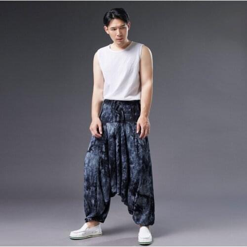 Summer New Chinese Style Men Catch Dyed Trousers Fashion Cotton Linen Country Tide Literature Art Style Loose Big Crotch Pants