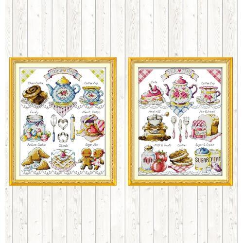 Tea Time Christmas Cross Stitch Kits DIY Needlework Crafts Patterns Kits Cotton Thread Embroidery Needlework Set Wall Home Decor