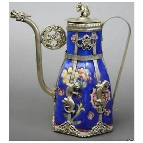 Decoration crafts art Miao Silver Oriental Vintage Handwork Porcelain Dragon Teapot Tibet Miao Antique Old Silver